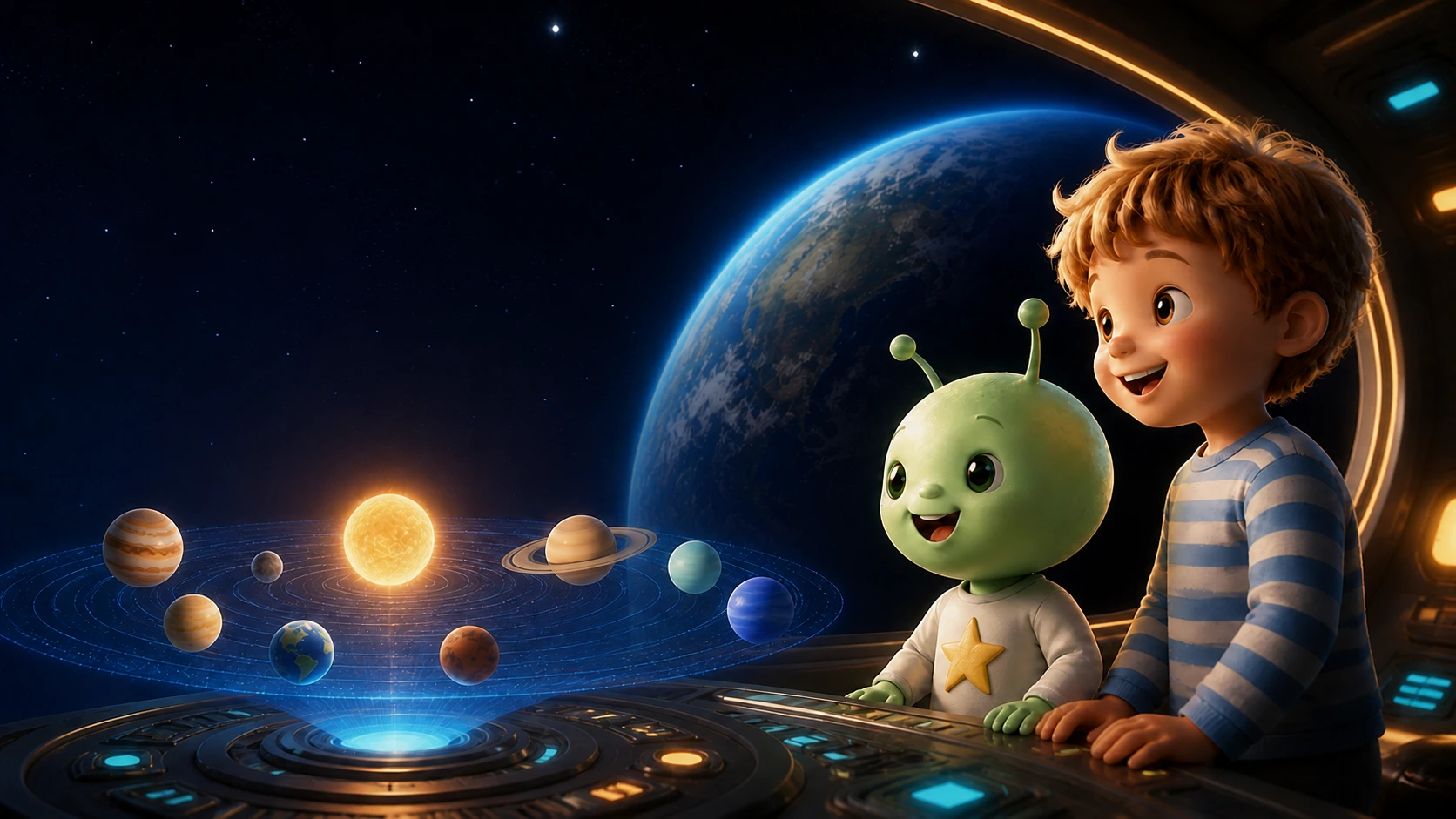 Étapilu et Gabriel devant leur modèle du système solaire