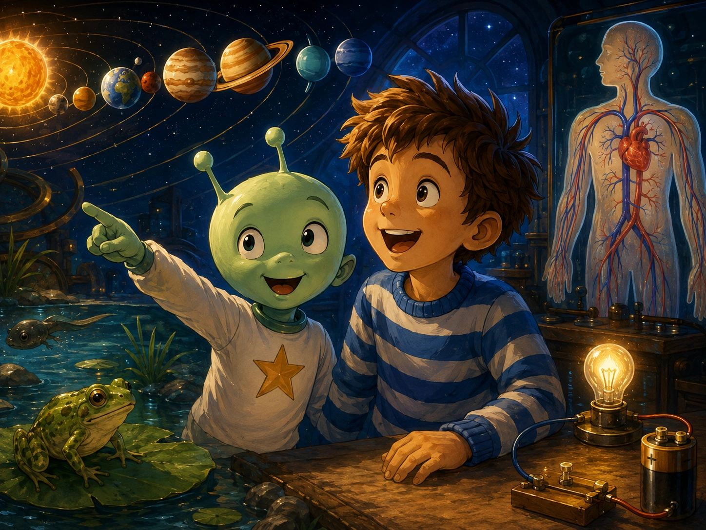 Étapilu et Gabriel dessinés avec un carnet de découvertes, entourés du système solaire, de la circulation sanguine, d’un circuit électrique, d’un têtard et d’une grenouille